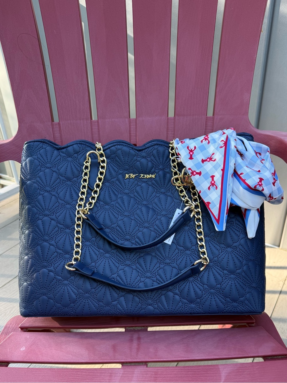 NWT Betsey Johnson Navy Quilted and  Scalloped Tote with Lobster Scarf and Chain
